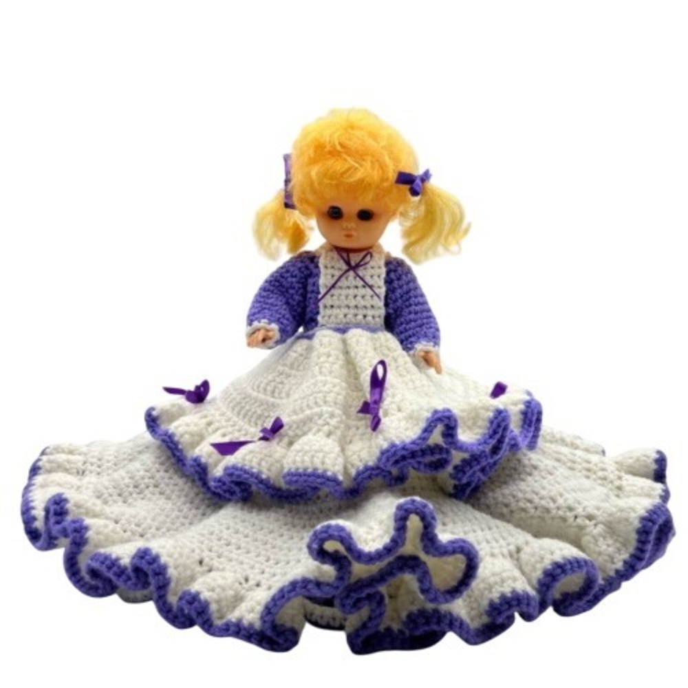 Handmade Crochet Bed‎ Doll Plastic Purple Ruffle Cottagecore Grannycore Vintage